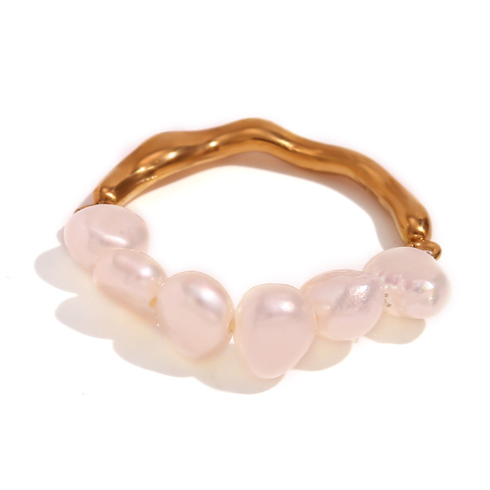 Freshwater Pearl Stitching Metal Ring – Gold Stainless Steel - Trenvo
