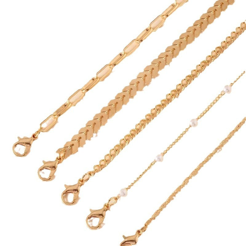 Summer Fashion 5-Piece Pearl Anklet – Multi-Layered Elegance - Trenvo