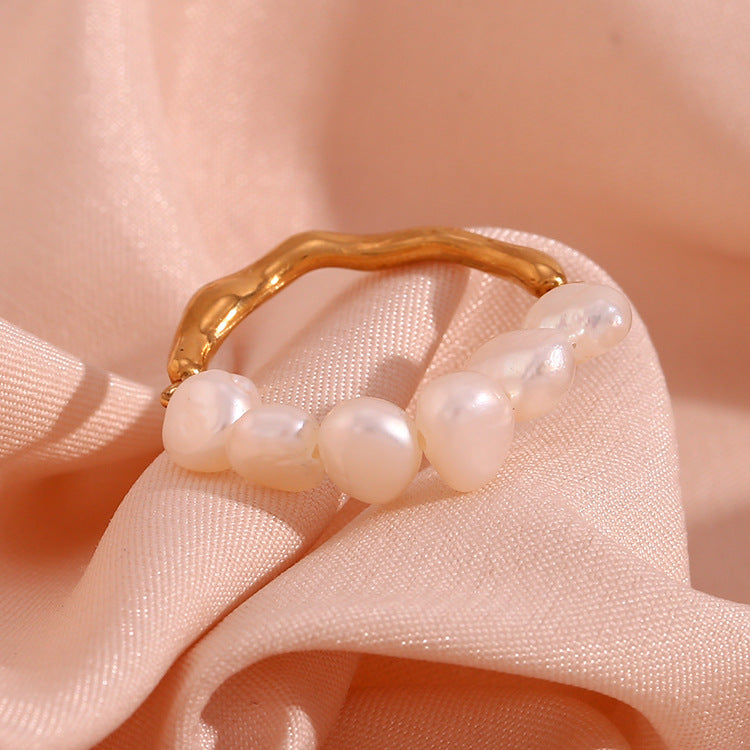 Freshwater Pearl Stitching Metal Ring – Gold Stainless Steel - Trenvo