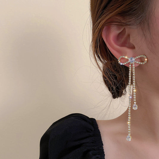 Diamond-Treated Drop Earrings – Bow & Tassel Design - Trenvo