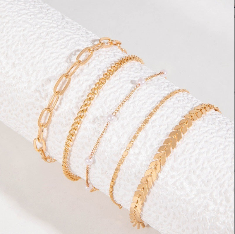 Summer Fashion 5-Piece Pearl Anklet – Multi-Layered Elegance - Trenvo