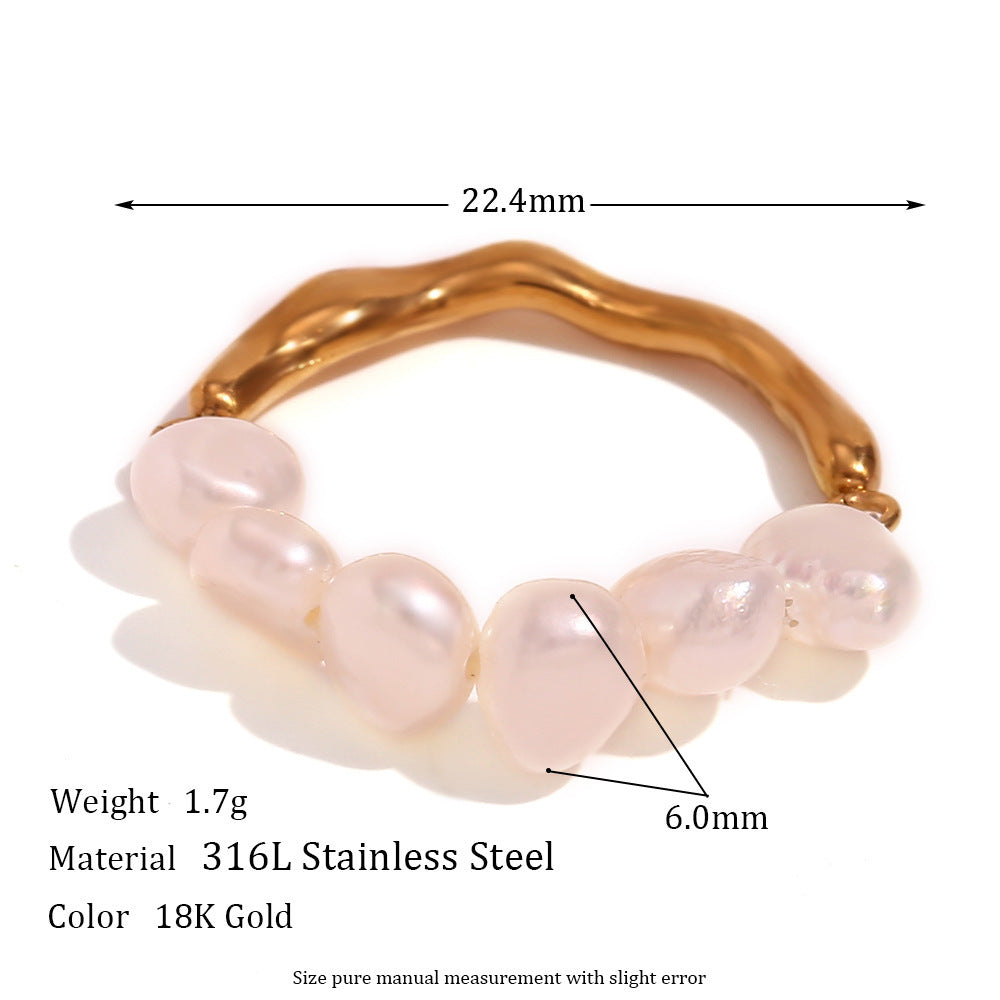 Freshwater Pearl Stitching Metal Ring – Gold Stainless Steel - Trenvo